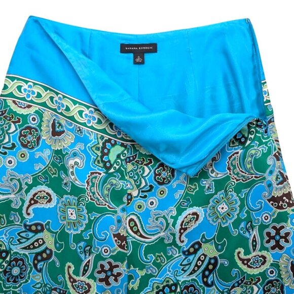 Vtg Banana Republic Silk Midi Skirt Blue Green Paisley A Line Lined Size 0 - Picture 3 of 8